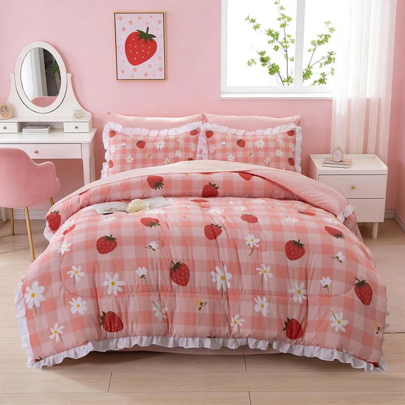 Ruffle Gingham Comforter Set , Ruffled Strawberry Bedding Set with Sheets, 5 count Checkered Bed in A Bag for Girls Teen-Girls