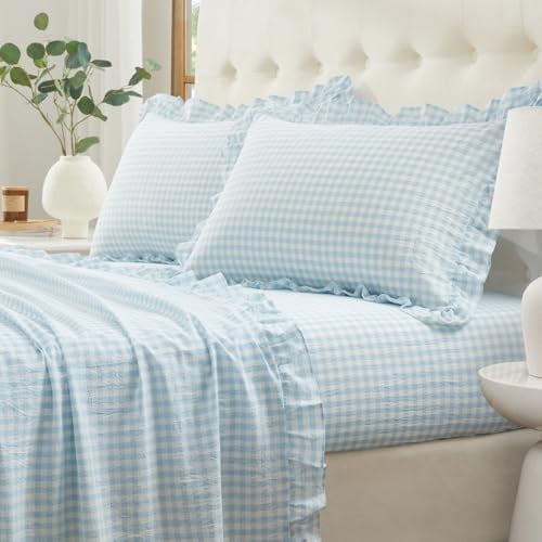 Ruffle Gingham Full Sheet Set - 4 Piece Light Blue Plaid Cotton Bed ...