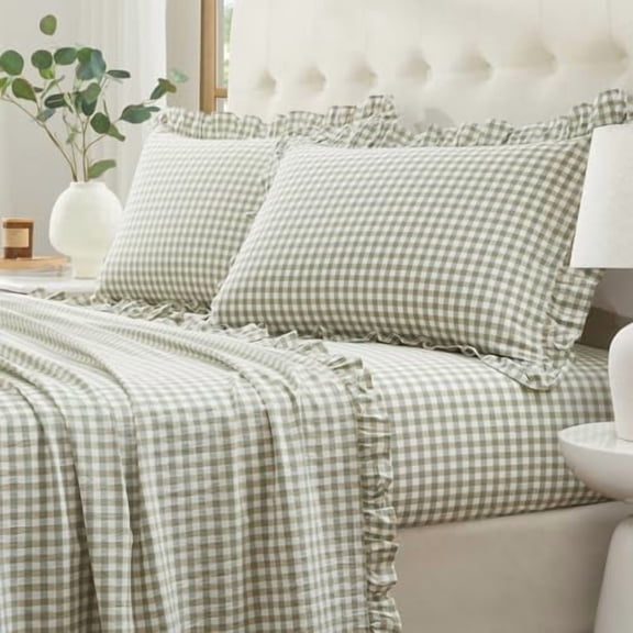 Ruffle Gingham Full Sheet Set - 4 Piece Sage Green Plaid Cotton Bed Sheets Full Size - 16 Inch Deep Pocket Checkered Ruffled Sheets Farmhouse Decor - Linen-Feel & Breathable