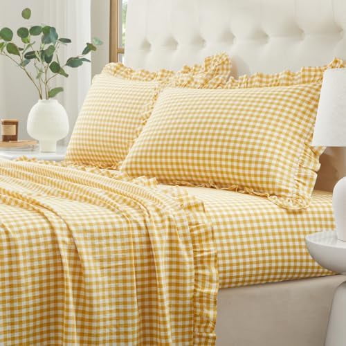 Ruffle Gingham Full Sheet Set - 4 Piece Yellow Plaid Cotton Bed Sheets Full Size - 16 Inch Deep Pocket Checkered Ruffled Sheets Farmhouse Decor - Linen-Feel & Breathable