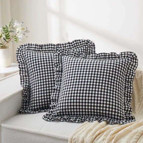Ruffle Gingham Pillow Covers 26 x 26 Inches, Cotton Plaid Euro Sham Pillow Covers Set of 2, Linen Feel Ruffled Plaid Pillow Cases with Envelope Closure for Sofa Bed (Black Plaid)