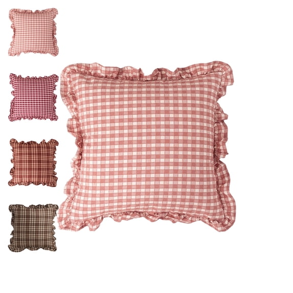 Ruffle Gingham Pillow Covers Farmhouse Checkered Pillowcase Chic Vintage Square Decorative Cushion Cover for Bed Sofa Living Room - A