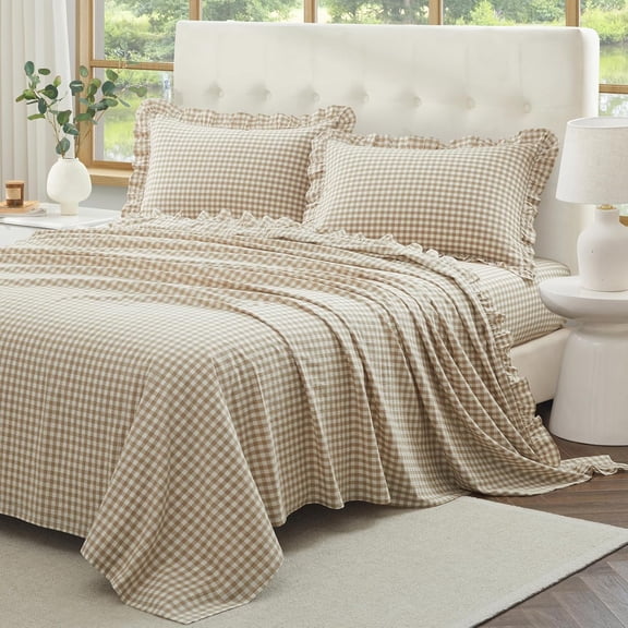 Ruffle Gingham Queen Sheet Set - 4 Piece Taupe Plaid Cotton Bed Sheets