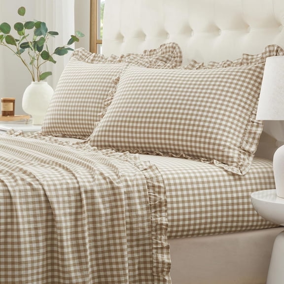 Ruffle Gingham Queen Sheet Set, Taupe, 4 Piece | Plaid Cotton Bed Sheets Queen Size, 16 Inch Deep Pocket, Checkered Ruffled, Farmhouse Decor, Linen-Feel & Breathable