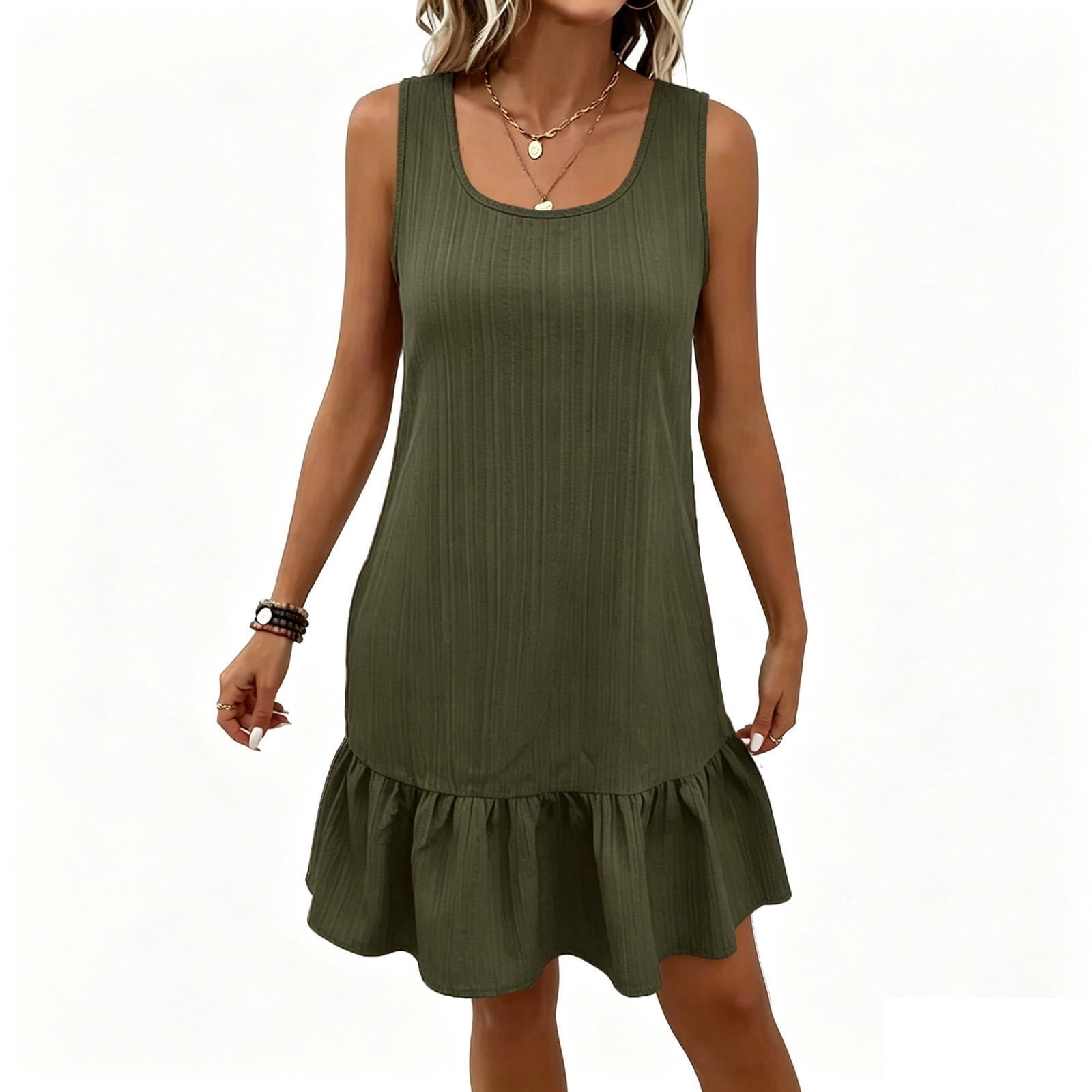 elegant sleeveless ruffle hem mini dress Ruffle Hem Elegant Cocktail Mini Dress for Women Summer Loose Crew Neck  Sleeveless Beach Casual Tank Dresses