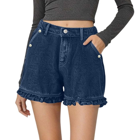 Ruffle Hem Jean Shorts for Women Stretchy Loose High Waisted Casual Denim Shorts with Pockets