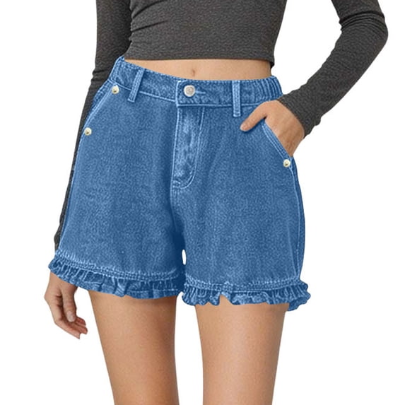 Ruffle Hem Jean Shorts for Women Stretchy Loose High Waisted Casual Denim Shorts with Pockets