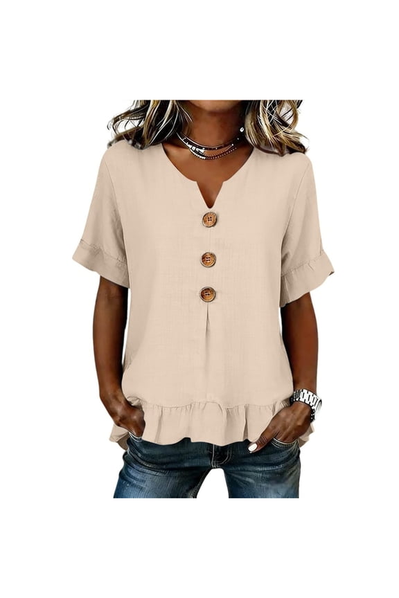Ruffle Hem Linen Shirts for Women Short Sleeve Summer Loose Button V Neck Business Casual Tops Dressy Blouses