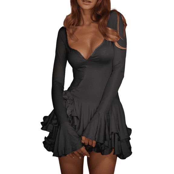 Ruffle Hem Sweater Dress, Flared Sleeve Design on a Bodycon Silhouette, Chic Fall Dress for Photoshoots, Parties, and Evening Wear. Black XL