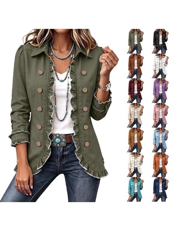 Ruffle Jacket for Women Casual Long Sleeve Button Front Vintage Double Breasted Lapel Collar Peplum Fashion Top