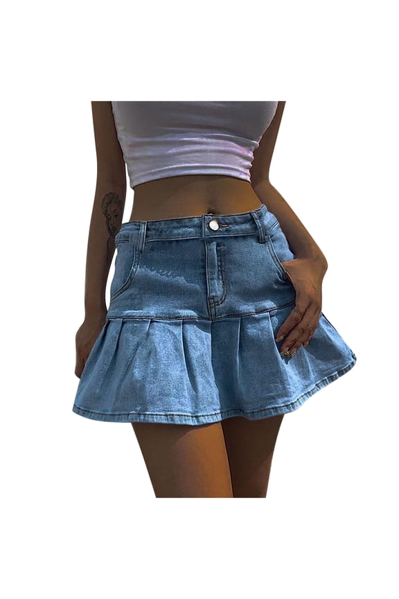 Ruffle Jean Skirt for Womens High Waist Tiered Long Skirts Denim Elastic Casual Midi Dress Ruffle Button Jean Skirts