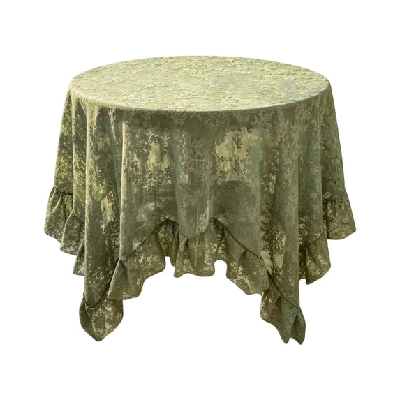 Ruffle Lace Round Tablecloth Vintage Floral Sheer Table Cover with 3-Inch Ruffle Edge Soft Polyester Holiday Dining Decor 55.12 in Green