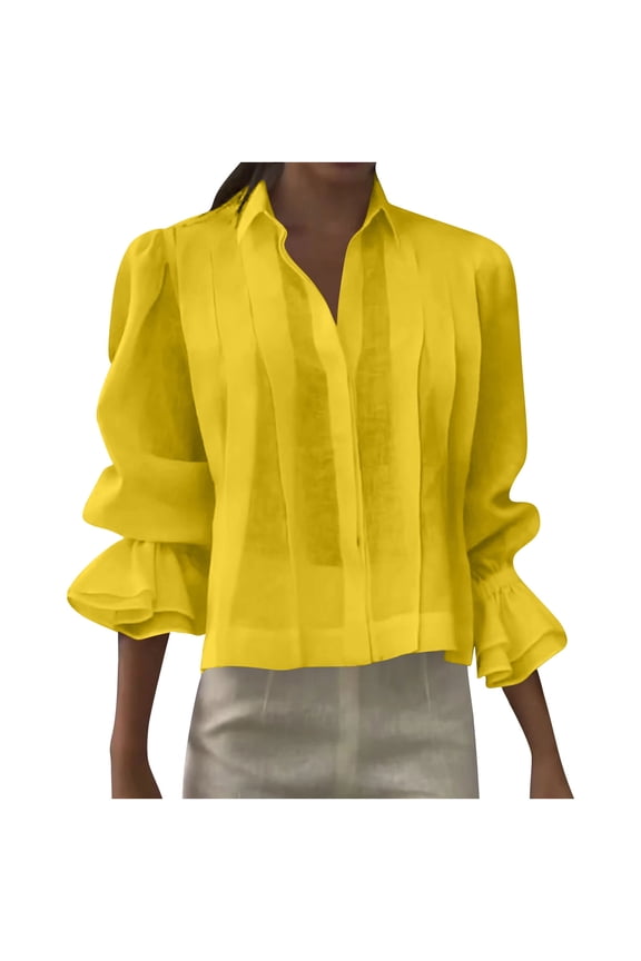 Ruffle Long Sleeve Shirts for Women Cotton Linen Concealed Button Pleated Shirts Lapel Collar Loose Blouses Tops (L, Yellow)