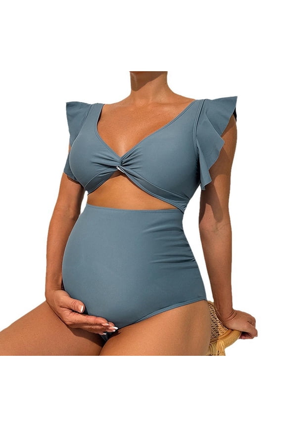 Ruffle Maternity Bathing Suits for Women Ribbed Tie Knot Maternity Swimsuit Cutout Ruched Pregnancy Swimwear