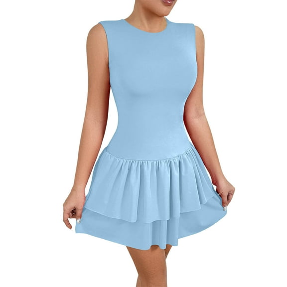 Ruffle Midi Dresses For Women Casual Daily Crew Neck Sleeveless Solid Color Pleated Short Dresses for Women Trendy Light Blue XL