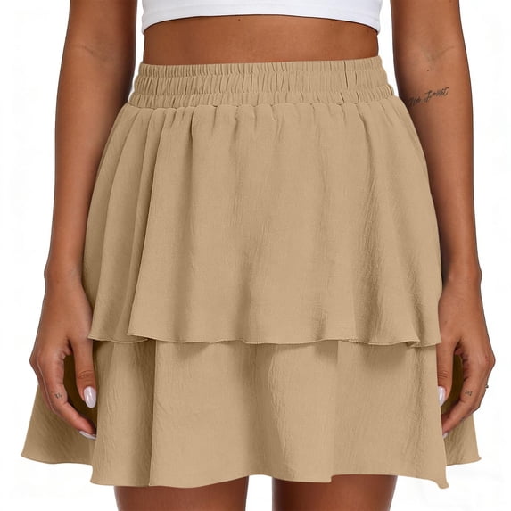Ruffle Mini Skirt Women in Solid Color with Stretch Waist and Layered Ruffle Hem for Casual Street Style and Day Out Khaki XL
