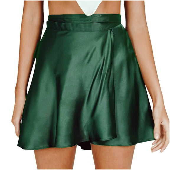 Ruffle Mini Skirts Womens Soft Satin Silk Short Skirt Tie Waist Summer Casual Tennis Golf A Line Wrap Skirt (Large, Army Green)