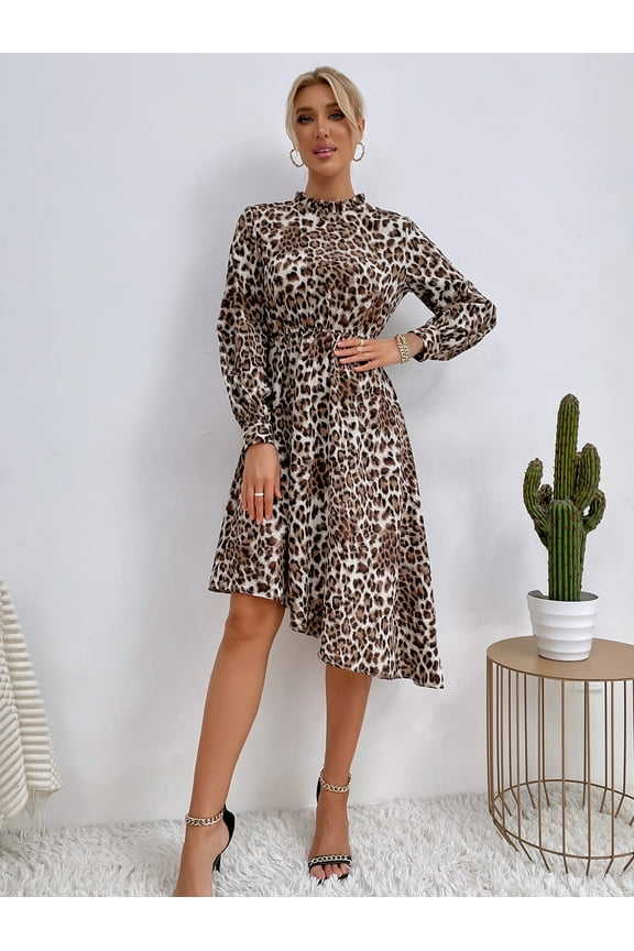 Ruffle Neck Leopard Print Diagonal Asymmetrical Hem Dress for Women