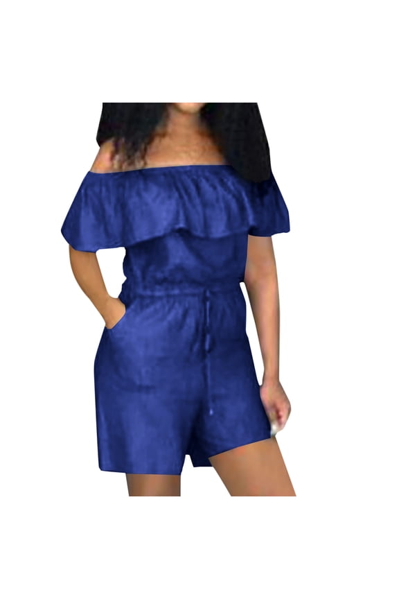 Ruffle Off The Shoulder Denim Shorts Rompers for Women Summer Plus Size Wide Leg Short Jeans Jumpsuits with Pockets