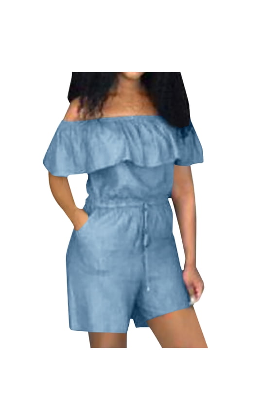 Ruffle Off The Shoulder Denim Shorts Rompers for Women Summer Plus Size Wide Leg Short Jeans Jumpsuits with Pockets