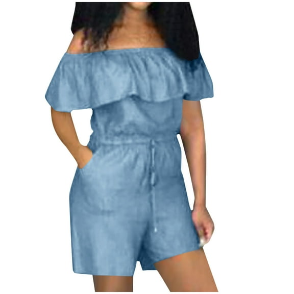 Ruffle Off The Shoulder Denim Shorts Rompers for Women Summer Plus Size Wide Leg Short Jeans Jumpsuits with Pockets