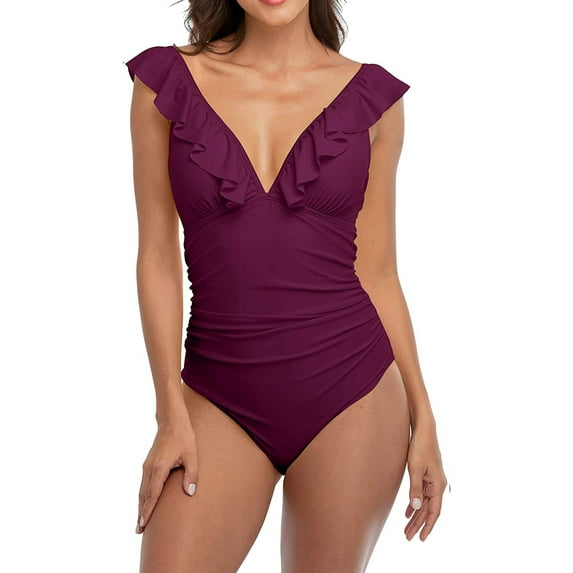Ruffle One Piece Swimsuits for Women V Neck Ruched Monokini Bathing Suits