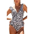 thumbnail image 1 of Ruffle One Piece Swimsuits for Women V Neck Ruched Monokini Bathing Suits, 1 of 5