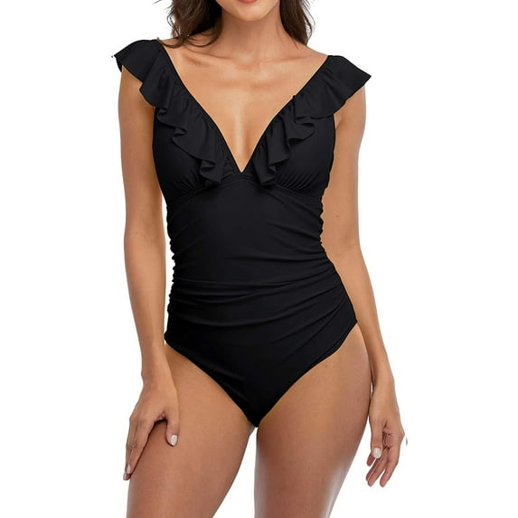 Ruffle One Piece Swimsuits for Women V Neck Ruched Monokini Bathing Suits