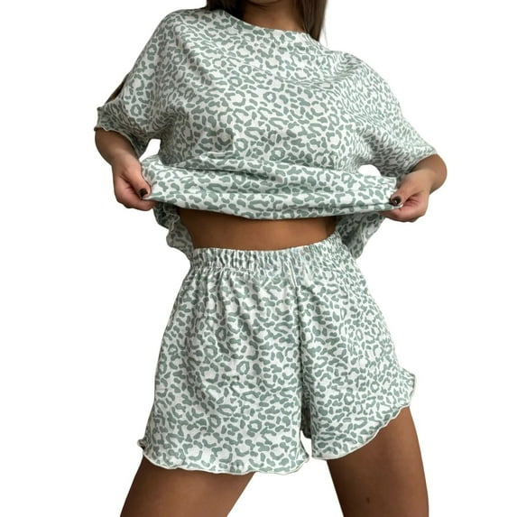 Ruffle Pajama Set, Hugcore Womens Pajamas Set Ruffle Pj Soft Short Sleeve Tops and Shorts 2 Piece Cute Pajama Sets Pajama Short Set Green, L