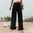 thumbnail image 1 of Ruffle Pants Women Linen Pants High Waisted Wide Leg Palazzo Pants Smocked Waist Summer Boho Casual Loose Fit Beach Pants Black M, 1 of 6
