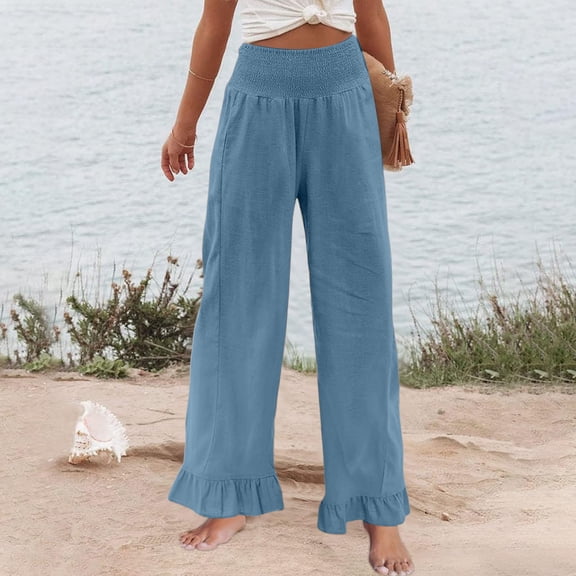 Ruffle Pants Women Linen Pants High Waisted Wide Leg Palazzo Pants Smocked Waist Summer Boho Casual Loose Fit Beach Pants Light Blue XL