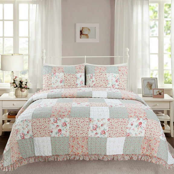 Ruffle Patchwork Quilt Set 3Pcs Bedding Set Bedroom Bed 100% Cotton King Size
