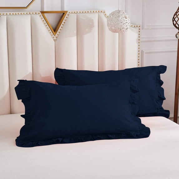 Ruffle Pillow Cases Set of 2 Piece ( 20" x 60" ) Superking Size - 100% Cotton Farmhouse Pillowcovers with Zipper, 400TC Pillow Protectors with Border Dust Ruffles - Navy Blue Solid.