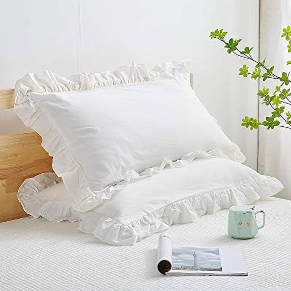 Ruffle Pillow Shams King Size Set of 2, Shabby Washed Cotton Pillow Cases White Farmhouse Pillow Covers 20"x36"