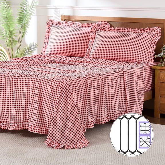 Ruffle Plaid Queen Sheet Set with 16" Deep Pocket & Adjustable Sheet Straps, Sheets Plus Anti-slip Straps