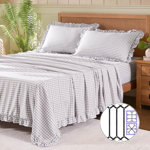Ruffle Plaid Queen Sheet Set with 16" Deep Pocket & Adjustable Sheet Straps, Sheets Plus Anti-slip Straps