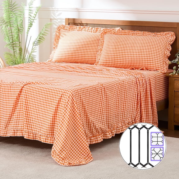 Ruffle Plaid Queen Sheet Set with 16" Deep Pocket & Adjustable Sheet Straps, Sheets Plus Anti-slip Straps