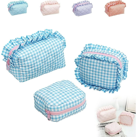 Ruffle Travel Cute Pouch Cosmetic Organizer Makeup Bag, Gingham Checkered, Blue