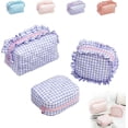 thumbnail image 1 of Ruffle Pouch Bag, Gingham Pouches, Travel Cute Cosmetic Bag, Makeup Organizer, Gingham Ruffle Makeup Bag Pouch, Travel Cute Checkered Cosmetic Bags (Purple, S), 1 of 8
