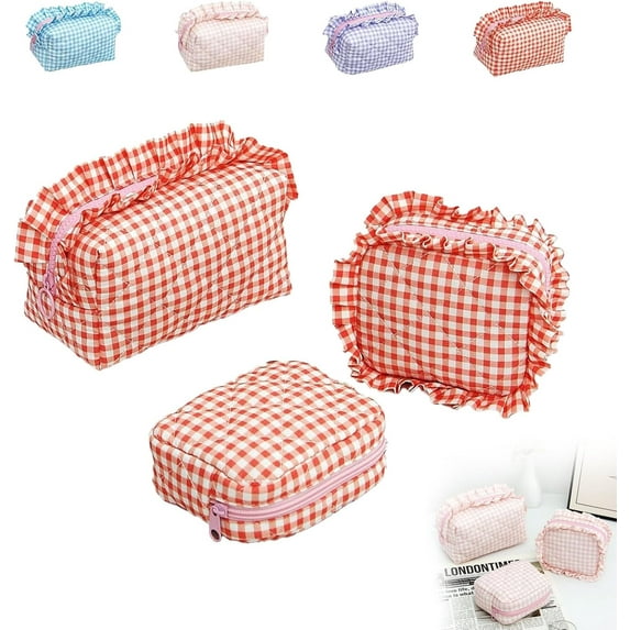 Ruffle Gingham Cosmetic Case Makeup Bag, Red