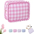 thumbnail image 1 of ZANWANXIN Ruffle Synthetic Fiber Cosmetic Case Makeup Bag with Zipper, Gingham Check, Pink, 1 Piece, 1 of 8