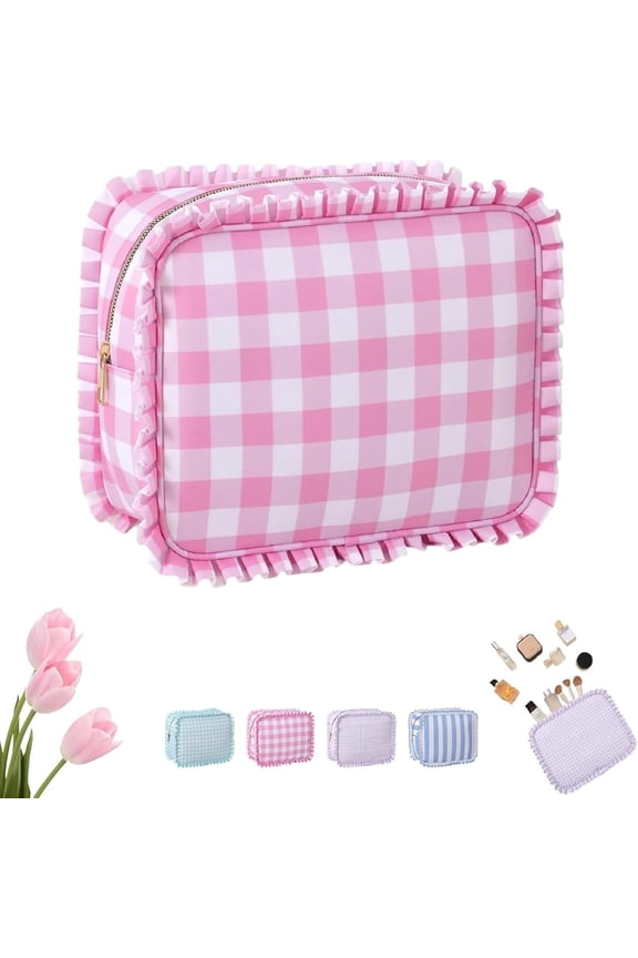 Ruffle Synthetic Fiber Cosmetic Case Makeup Bag with Zipper, Gingham Check, Pink, 1 Piece