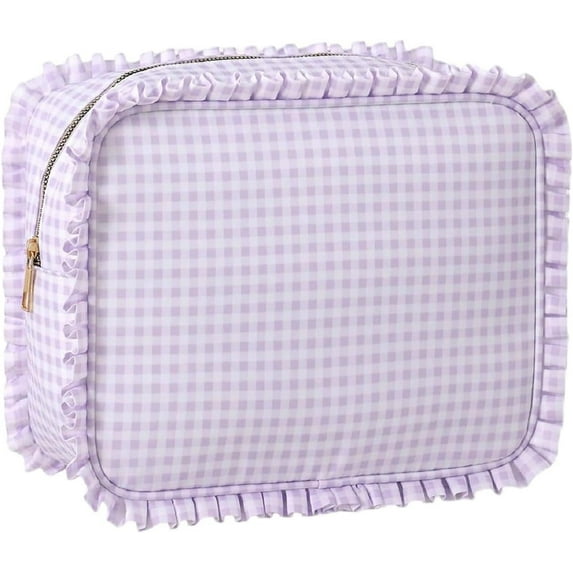 Ruffle Cosmetic Case Makeup Bag with Zipper, Gingham, Purple
