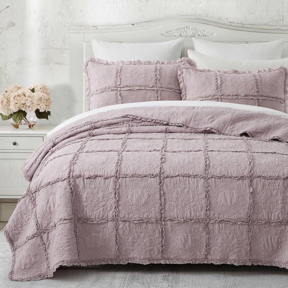 Ruffle Quilt Set  Size, Mauve  Shabby Chic Bedspread Coverlet, Prewashed Lightweight Soft Breathable  Quilt Bedding Set with 2 Pillowshams for
