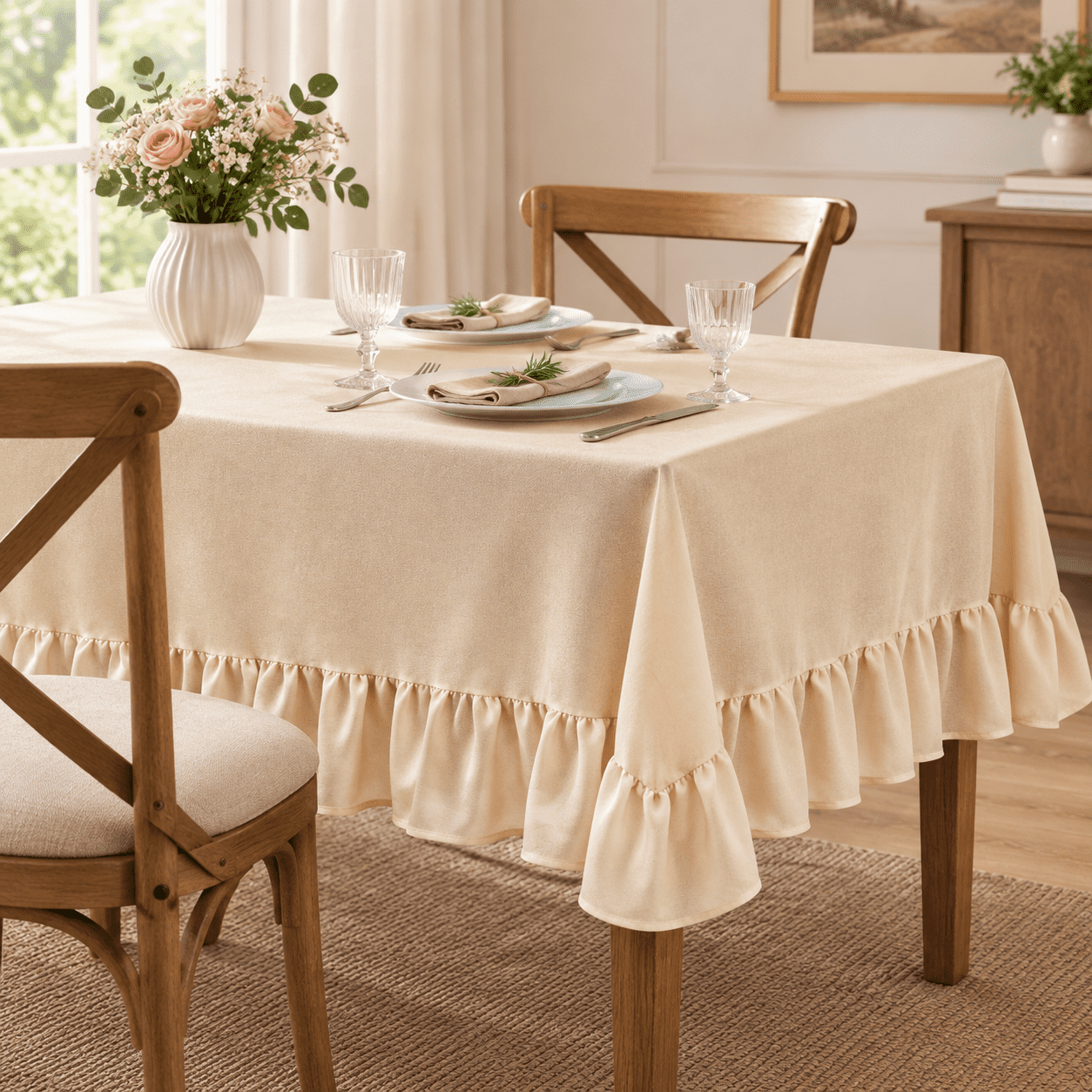 Ruffle Rectangle Tablecloth 60 X 120 Inch Beige - Walmart.com