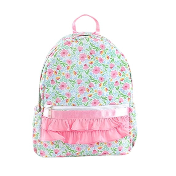 Ruffle Rose Rib Lattice Backpack Heavy Duty Cute Bookbag 14 Inch Pink Green Floral Daypack for Women