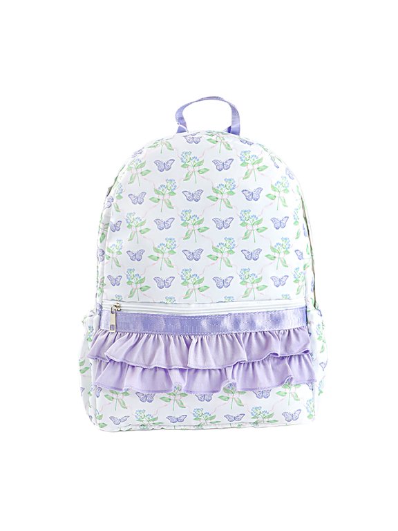 Ruffle Rose Rib Lattice Backpack Heavy Duty Cute Bookbag for Women 14 Inch Purple Butterfly