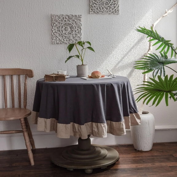 Ruffle Round Tablecloth Cotton Flounces Trim Washable Table Cover for Holiday Dinner Party Banquet Kitchen Wedding Decoration