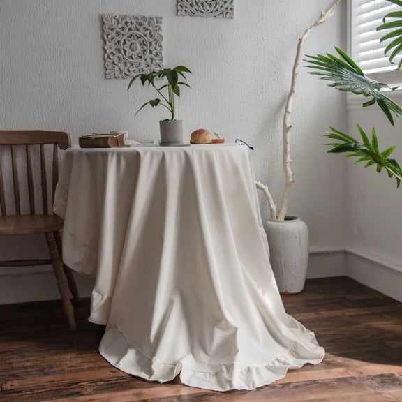 Ruffle Round Tablecloth Cotton Flounces Trim Washable Table Cover for Holiday Dinner Party Banquet Kitchen Wedding Decoration