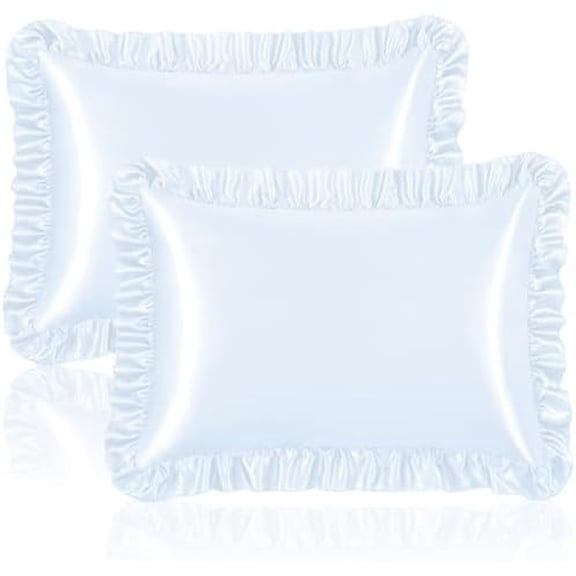 Ruffle Satin Pillowcase for Hair and Skin, Standard Satin Pillow Covers Silky Pillow Cases Set of 2, Satin Ruffled Pillowcase with Envelope Closure, Anti Wrinkle Pillow Shams (Baby Blue)